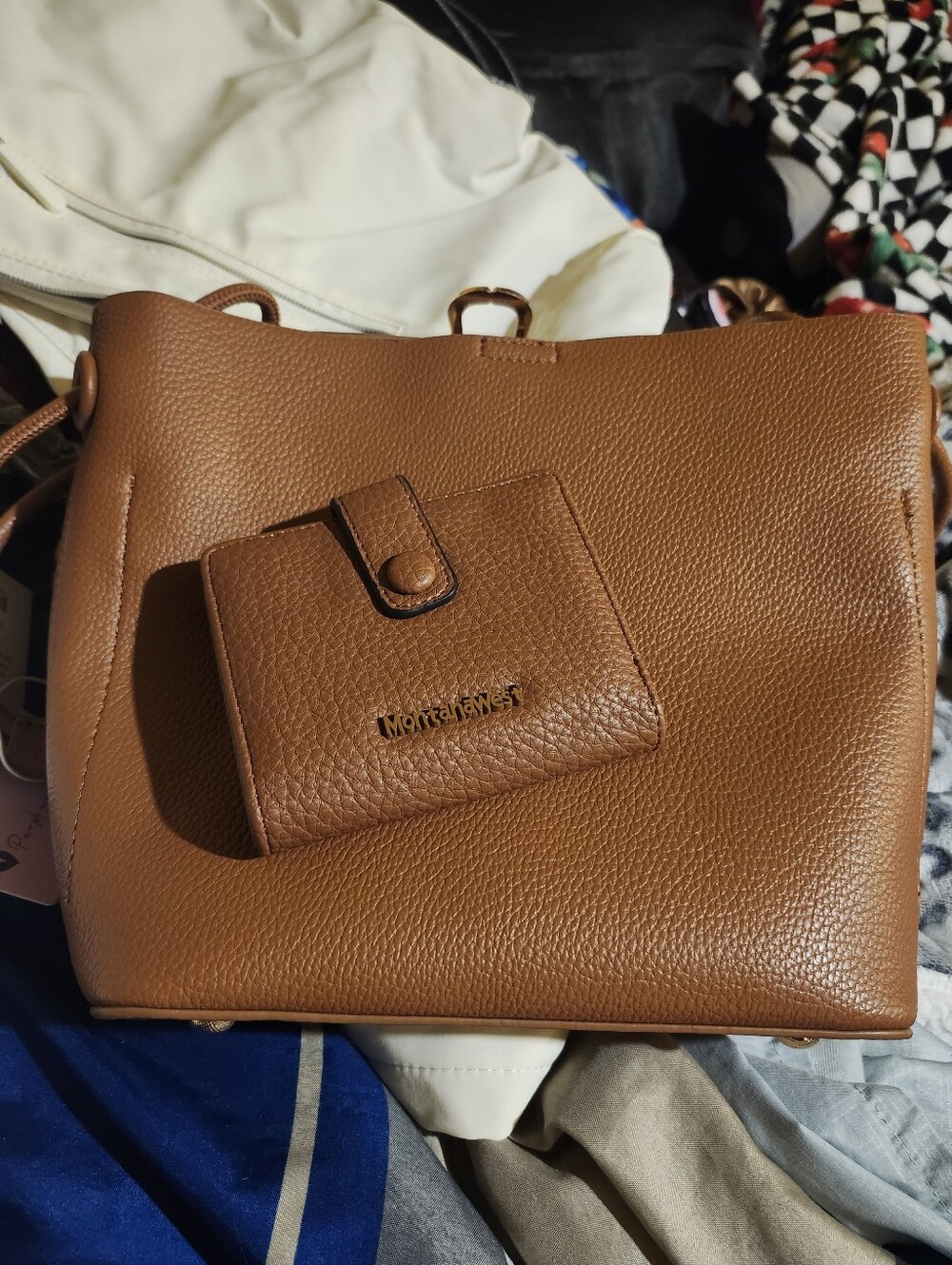 Tan Pebbled Shoulder Bag with Matching Wallet